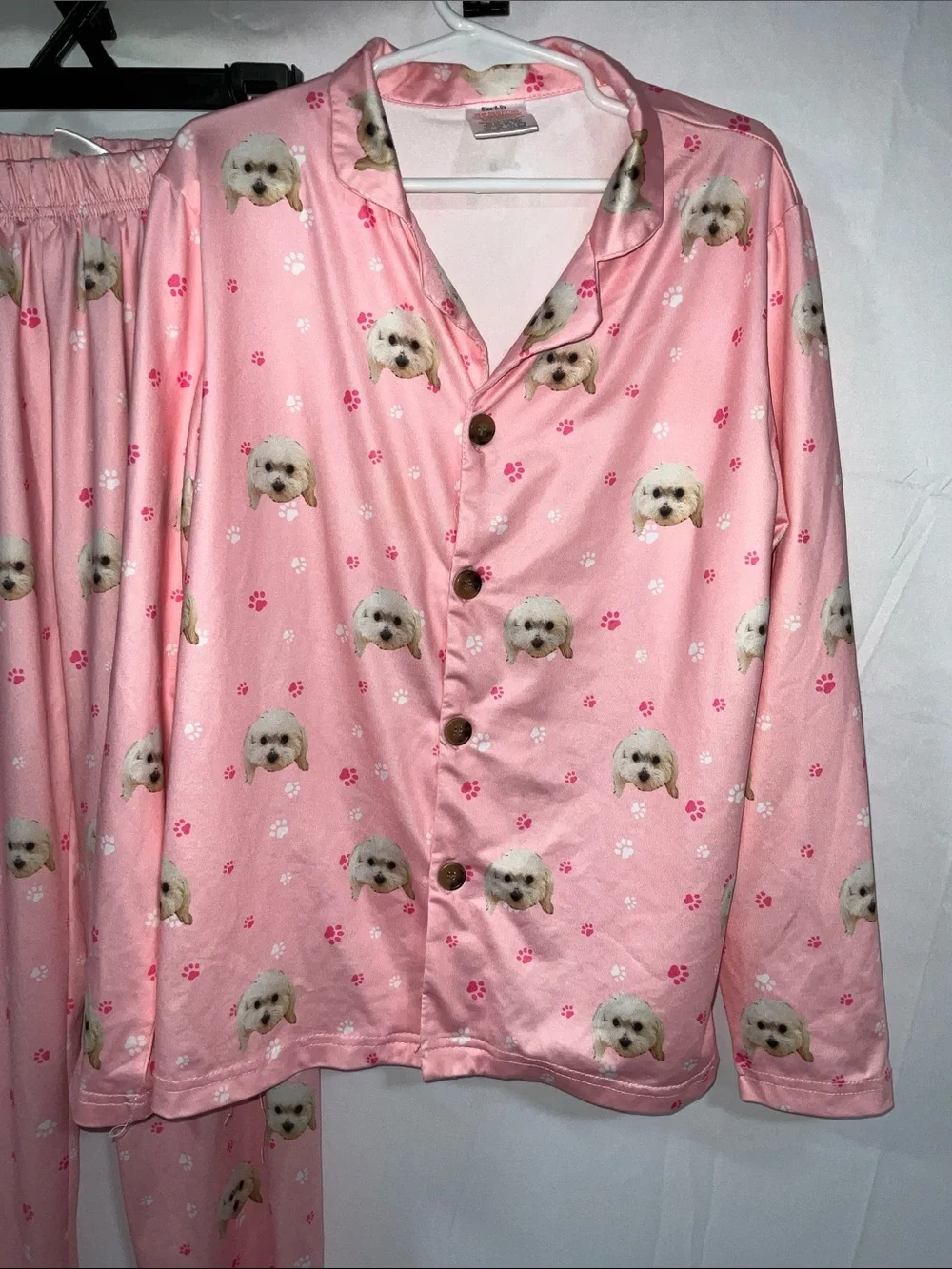 Girls Pink Puppy Print Satin Pajama Set Size 8–9 Years Long Sleeve Matching PJs